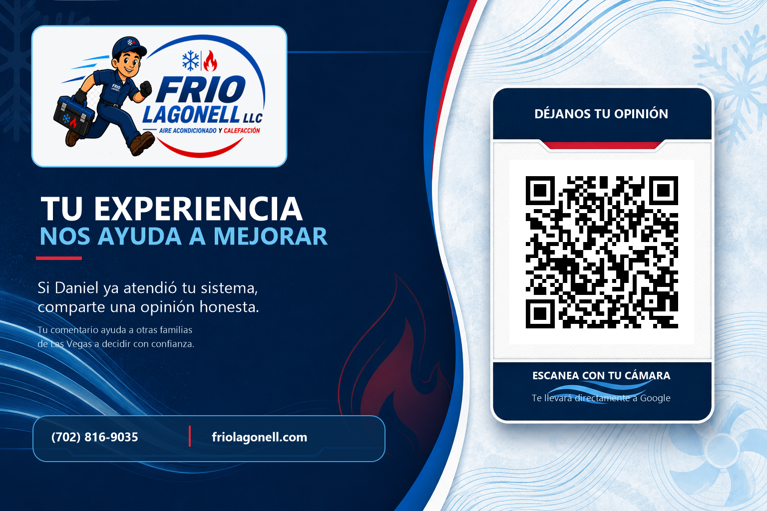 Tarjeta oficial de Frío Lagonell con código QR para compartir una opinión honesta en Google